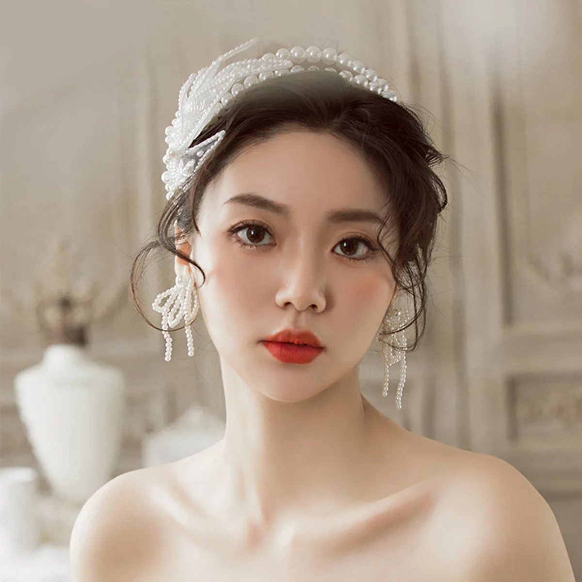 Ikat Kepala Mutiara Pernikahan Korea Elegan Anggun Pengantin Hiasan Kepala Anting Set Aksesori Rambut Pernikahan