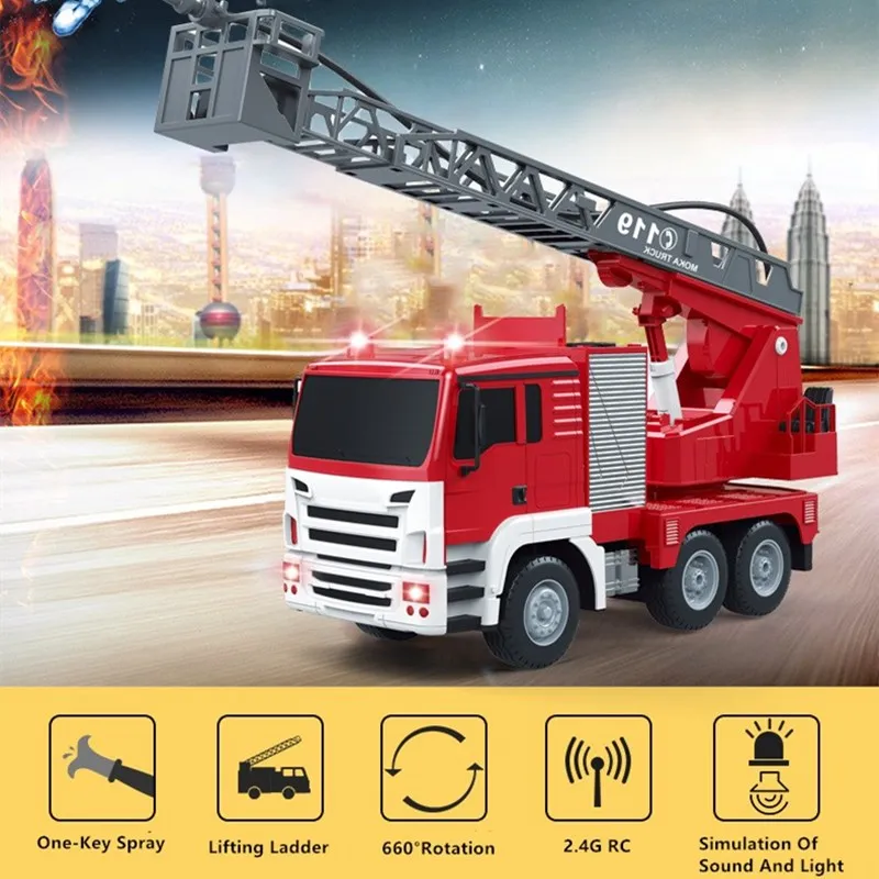 Large Water Sprayable RC Fire Truck 2.4G 1:12 30mins 660°Rotating Electric Lift Ladder Police Lights Children Toy  Fire Truck