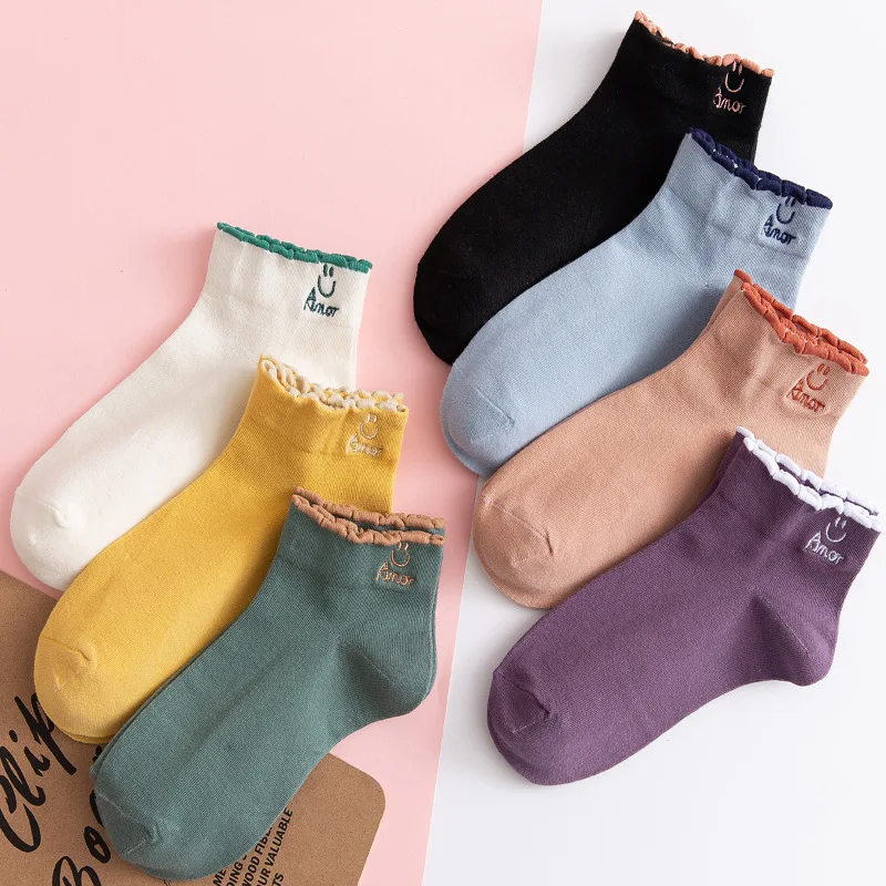 14Pieces=7Pairs/Lot Socks Women Cute Cartoon Cotton Funny Happy Ankle Socks Pack Japanese Harajuku Embroidery Casual Socks Set