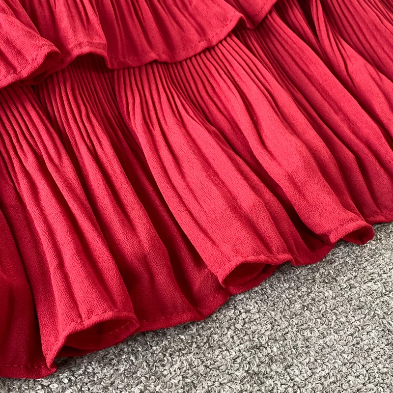 Summer Green/Pink/Red Pleated Spaghetti Strap Dress Women Sexy V-Neck High Waist Sleeveless Cascading Ruffle A-Line Draped Robe