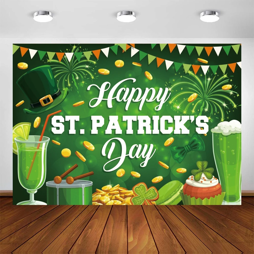 Happy St. Patrick's Day Baby Festival Photography Background Decor Green Beer Bow Cake Clover Photocall Backdrop Studio Shoot