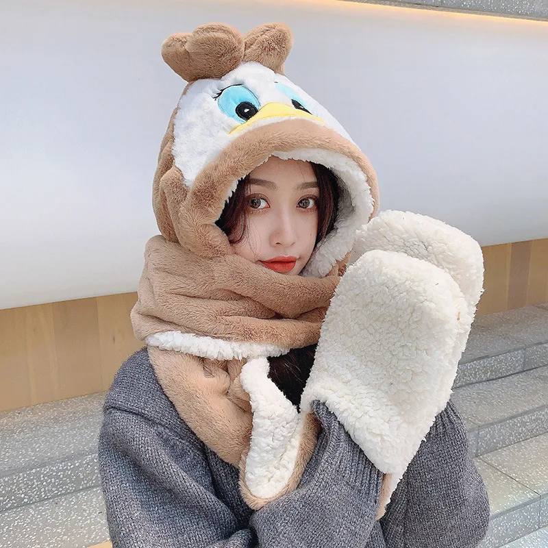 3 in1 Gloves Scarf Duck Hat long Ears Cute Cartoon Hat Kawaii Funny Birthday Gift Bunny Plush Cap Winter For Adult Girlfriend