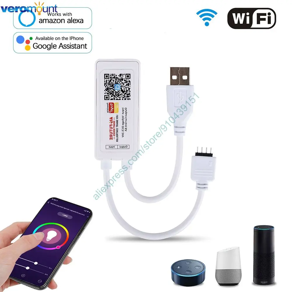 Smart Tuya WiFi RGB LED Controller DC 5V-24V Amazon Alexa Google Voice iOS/Android APP Control DC / USB Interface for RGB Strips