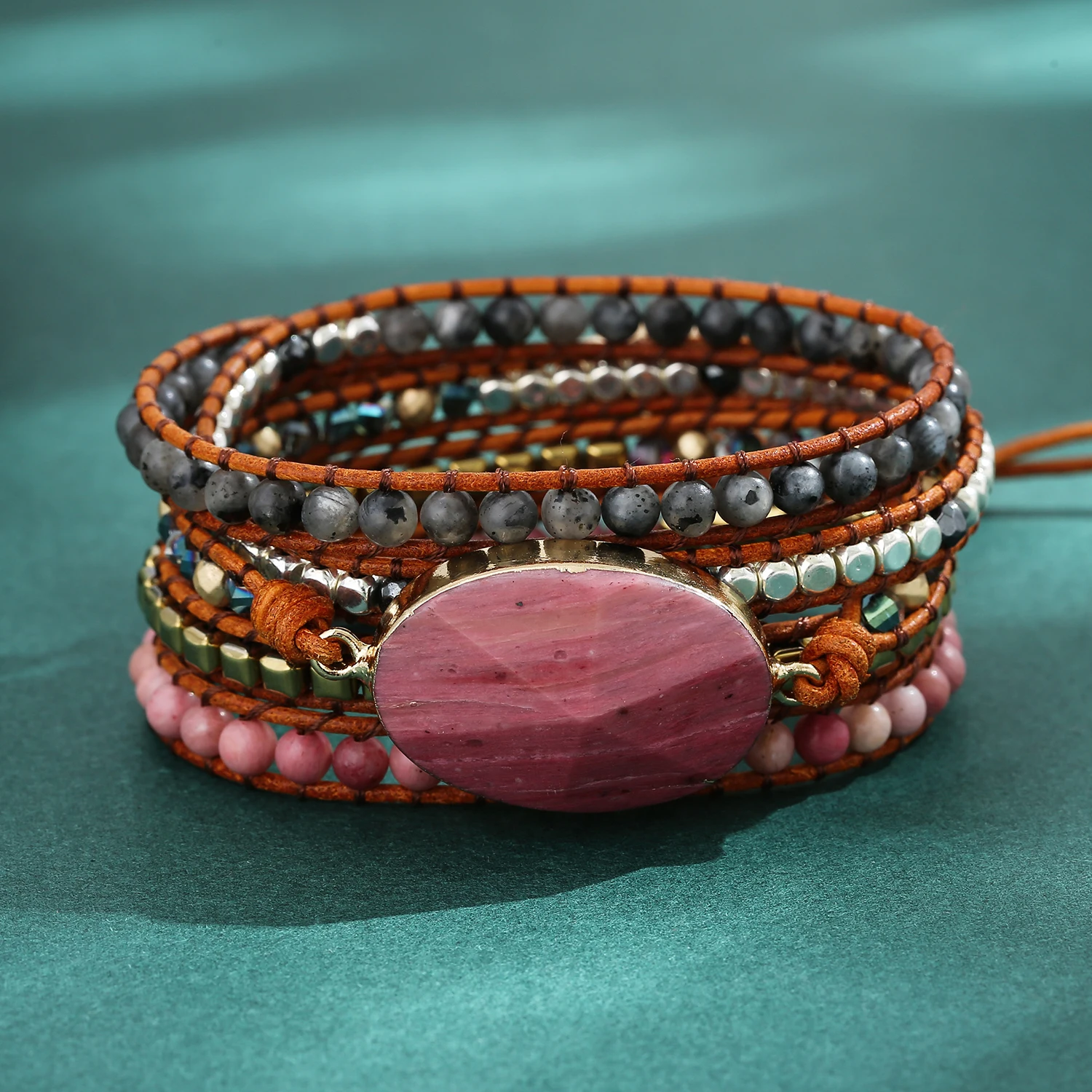 Women Boho Handmade Rhodochrosite Stone Crystal Gemstone Bead 5 Wrap Leather Bracelet Jewelry