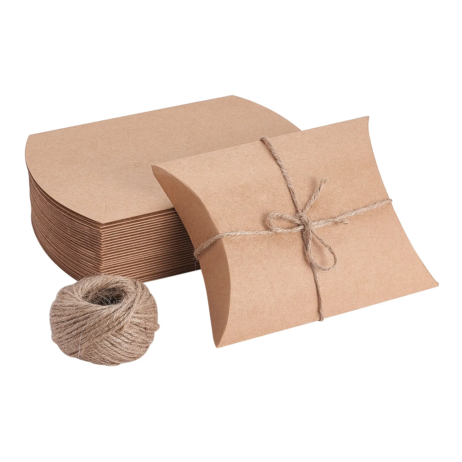 30pcs Brown Kraft Paper Pillow Candy Boxes with Hemp Cord Jute Twine for Wedding Favors Baby Shower Birthday Party Supplies