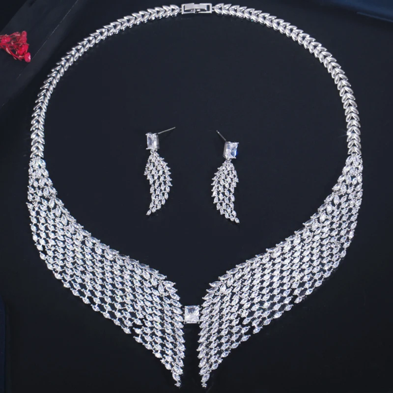 

ThreeGraces Sparkling Cubic Zirconia Angel Wing Shape Luxury Big Bridal Wedding Collection Jewelry Set for Brides Dress TZ670