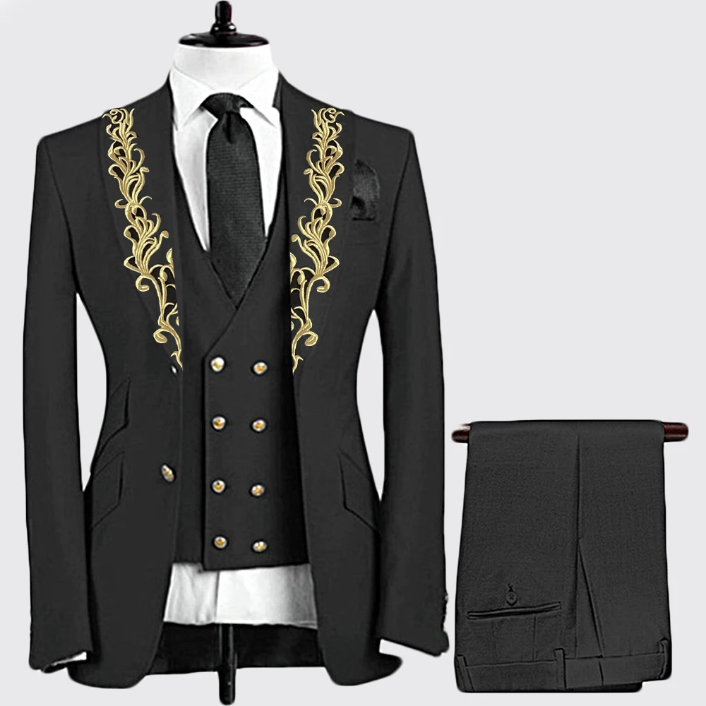 

2022 New Designs Black Slim Fit Men Suits Fashion Wedding Tuxedos For Groom Peaked Lapel Male Party 3 Pieces Set Costume Homme