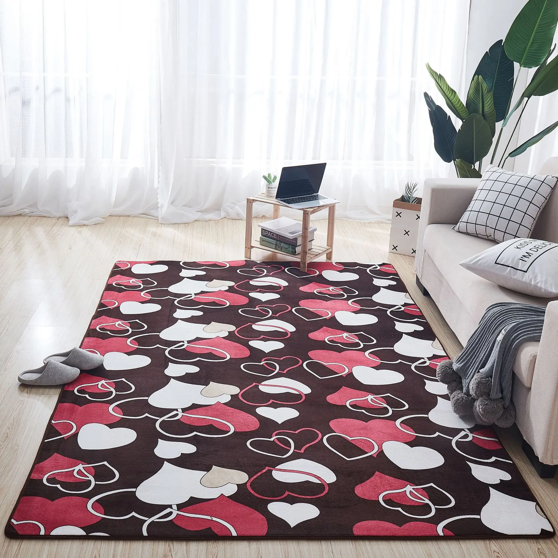 Living Room Coffee Table Mat Oversized Coral Velvet Carpet Rectangle Kids Crawling Mat Entrance Doormat Love Print Anti-Slip Rug