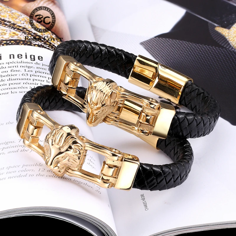 Pulsera de piel auténtica para hombre y mujer, brazalete de acero inoxidable con diseño de León, Lobo y leopardo, Color dorado, estilo Punk, nuevo