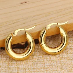 Surgical Steel Gold Color Tone Women Chunky Earrings Stainless Wives Round Smooth Thick Hoop Gift Fashion Jewelry 20mm/25mm