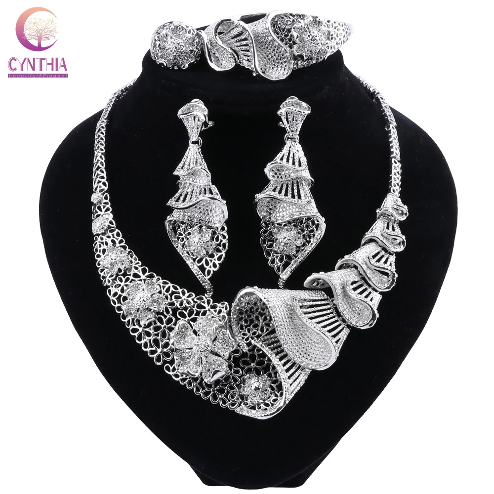 CYNTHIA African Nigerian Wedding Bridal Jewelry Sets Dubai Silver Plated Crystal Necklace Bracelet Earrings Ring Set for Women