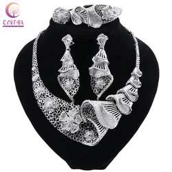 CYNTHIA African Nigerian Wedding Bridal Jewelry Sets Dubai Silver Plated Crystal Necklace Bracelet Earrings Ring Set for Women