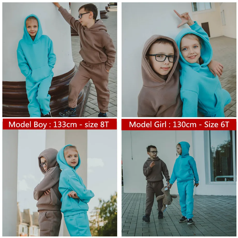 2023 Teen Boys Clothing Winter Kids girls Sets Solid Color Plus fleece Warm Casual Children's Sweatershirt Sport girls Clothing