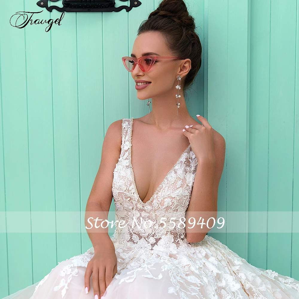 Customized V-Neck A Line Lace Wedding Dresses Applique Beading Sleeve Backless Bride Dress Court Train Bridal Gown Plus Size