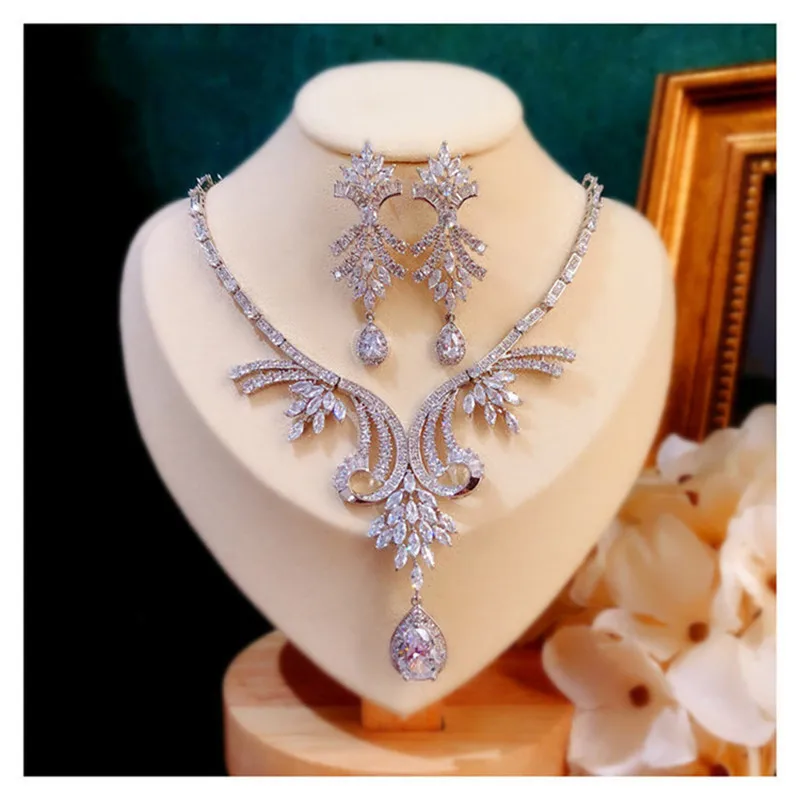 CC Jewelry Set Stud Earrings and Necklace 100% Handmade Wedding for Bridal Pendant Luxury Bijoux Leaf Water Drop Shape CCAS226