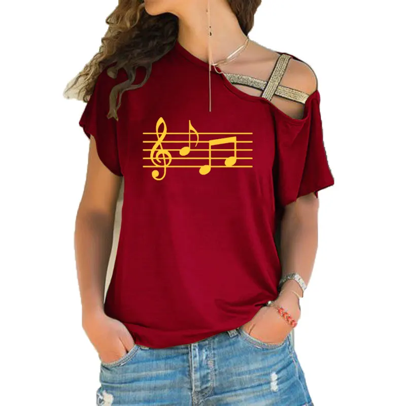 T-shirt Sexy et mignon pour femme, haut Harajuku, amoureux de la musique, taille irrégulière, fente croisée, taille S-5XL