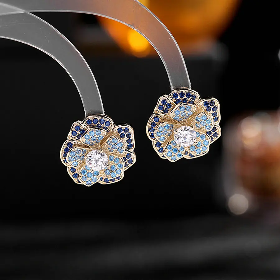 1 Pair Fully-Jewelled CZ Rose Flower Stud Earrings Elegant Luxury Fashion Sexy Earring For Woman Party Gift New Arrival