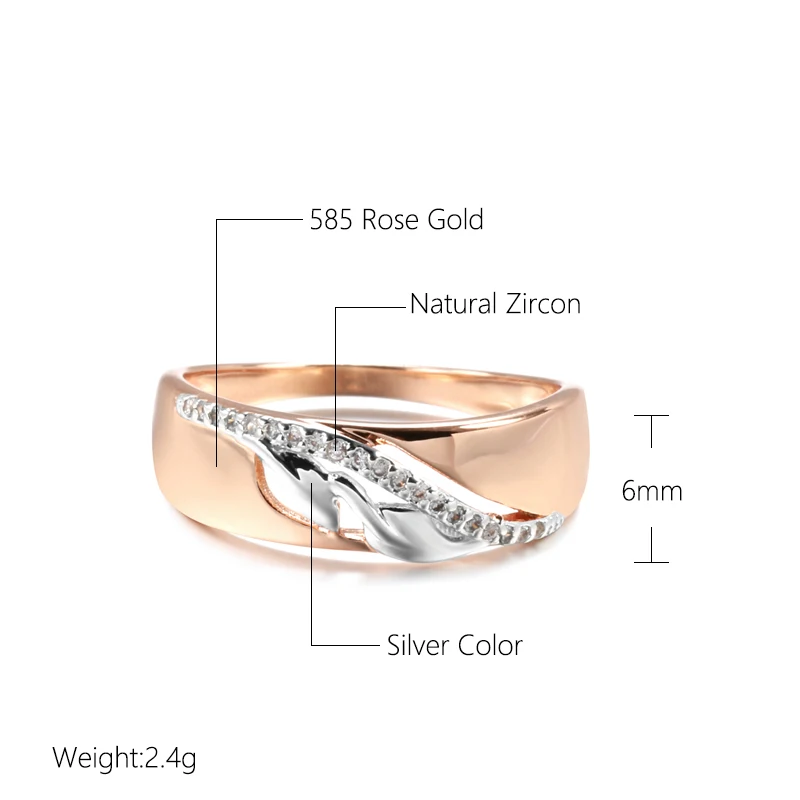 Kinel Hot Vintage Natural Zircon Leaf Rings for Women 6mm Wide 585 Rose Gold Silver Color Mix Ethnic Bride Wedding Jewelry