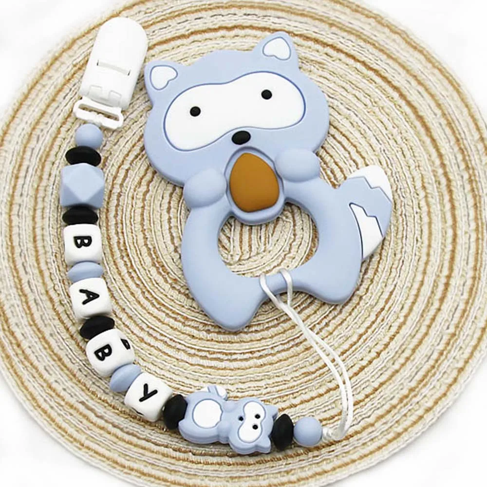 

Cute-idea raccoon Pacifier Clips 1set Teether Pendant DIY Necklace BPA Free Food Grade Silicone Beads Baby Teething Chain