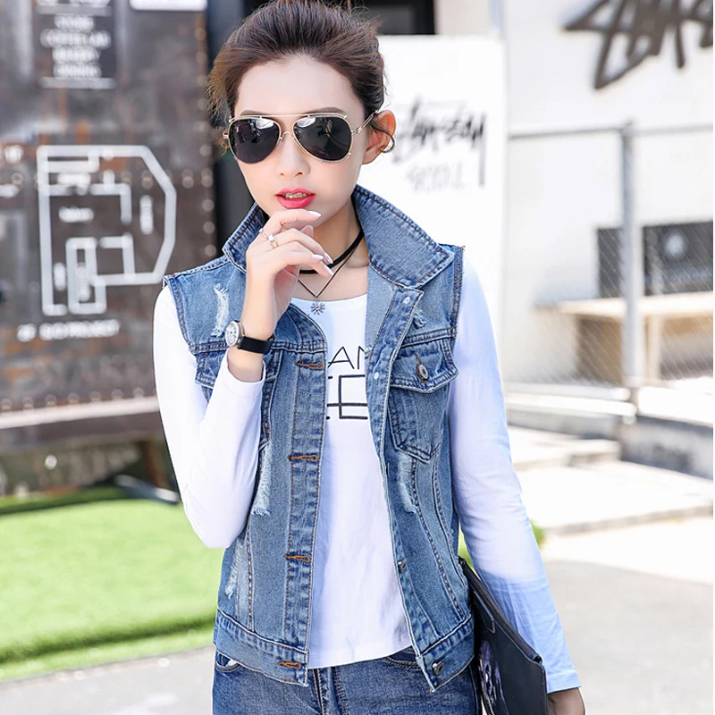 

6XL, большой размер, лето-осень, женский повседневный джинсовый жилет, пальто, модные короткие джинсовые жилеты с дырками, куртка, жилет без рукавов Y372