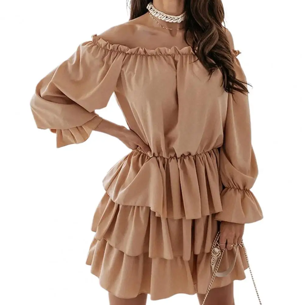 

Slash Neck Solid Color Elegant Dress Charming Off Shoulder Slim A-Line Skin-friendly Long Sleeve Ruffle Hem Tunic Cake Dress