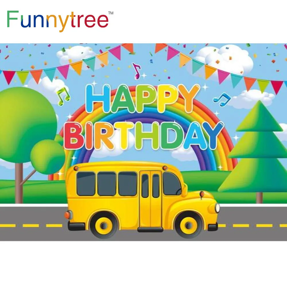 

Funnytree School Bus Happy Birthday Backdrop Bunting Rainbow Tree Ribbon Baby Shower Party Decoration Background Custom Poster