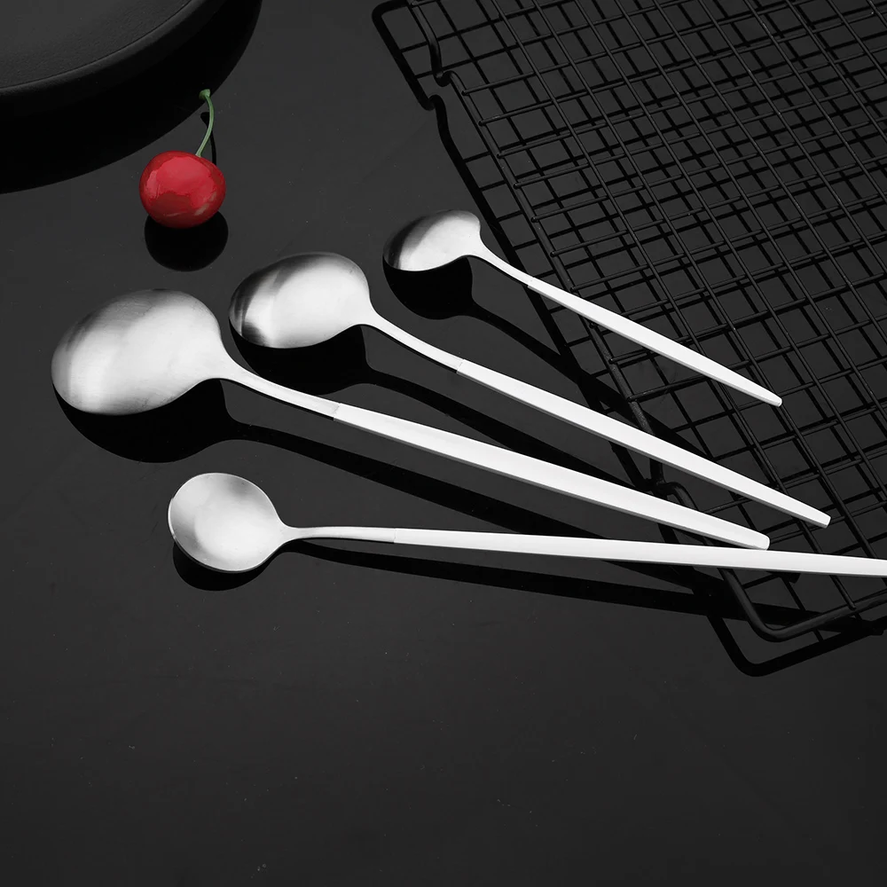 White Silver Matte Stainless Steel Dinnerware Set Dinner Knife Dessert Fork Ice Spoon Cake Fork Coffee Spoon Flaware Cutlery Set