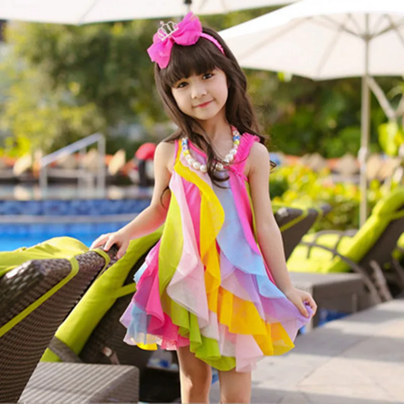 Summer Girls Dress No Necklace Korean Style Children'S Clothing Gauze Princess Costumes Baby Kids Sling Rainbow Beach Outfits