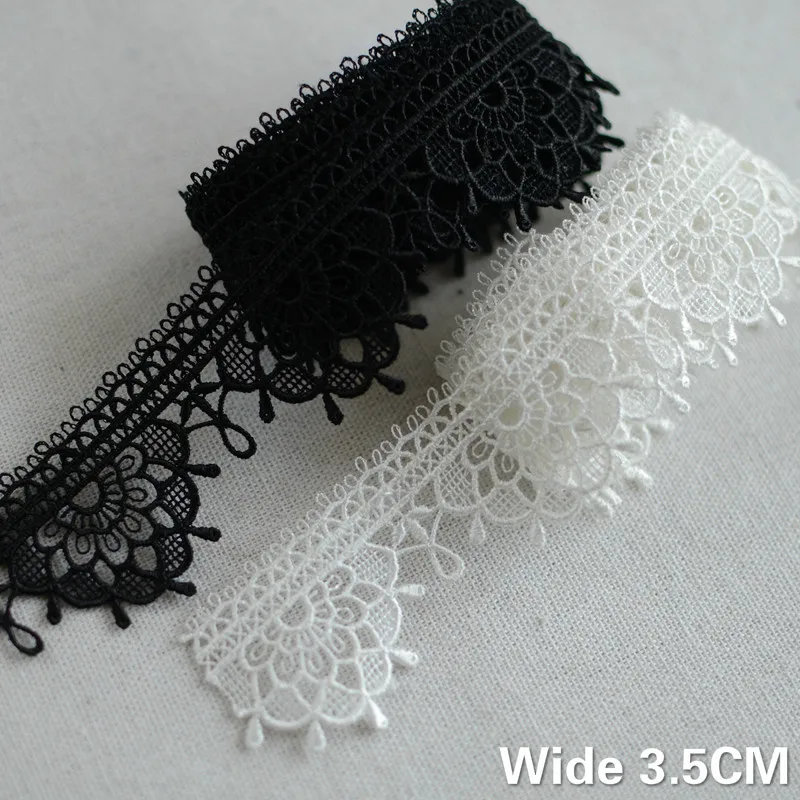 3.5CM Wide White Black Cotton Fabric Ribbon Water Soluble Embroidery Lace Flowers Trimming Home Curtains Clothing Sewing Decor