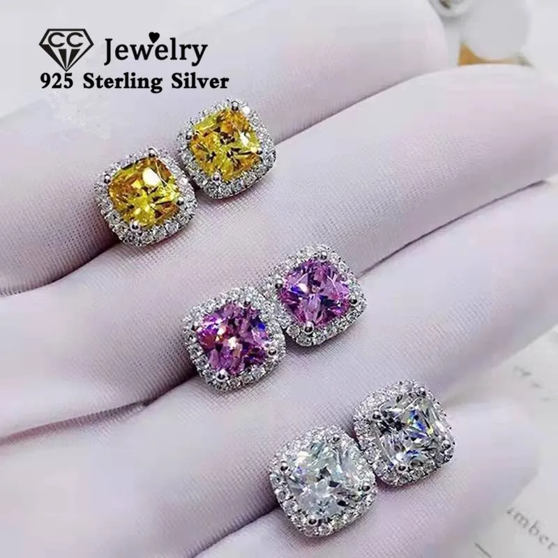 CC stadniny kolczyki dla kobiet 925 srebrna igła 7*7mm plac cyrkonu Bridal zaręczyny mała biżuteria ślubna akcesoria CCE643