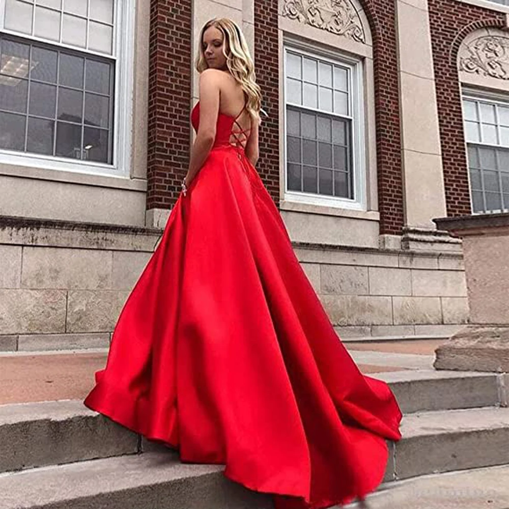 Women's Long Spaghetti Straps V Neck Beaded Satin A-line Ball Gown Prom Dress with Pockets vestidos de fiesta فساتين السهرة