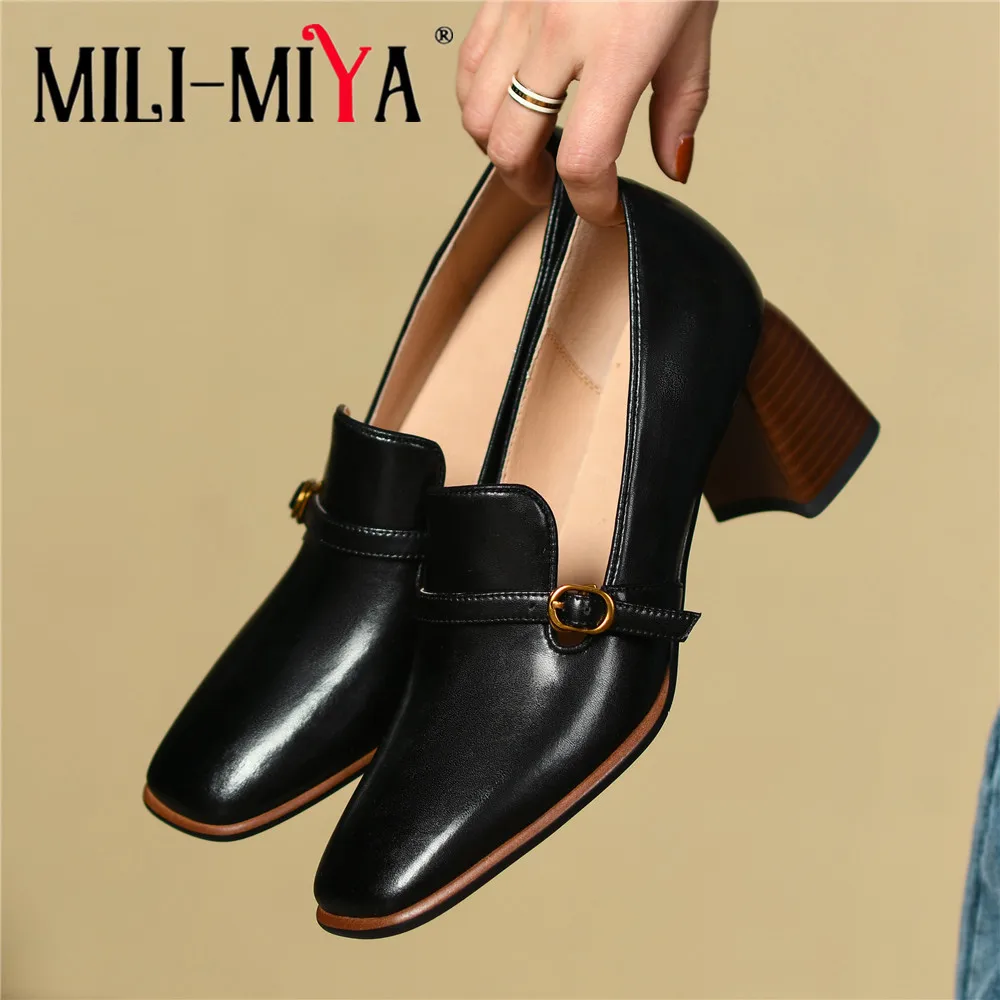 

MILI-MIYA Ins Concise Designer Loafers Genuine Leather Square Toe Pumps Women Chunky Heels 2022 Spring Working Office Lady Shoes