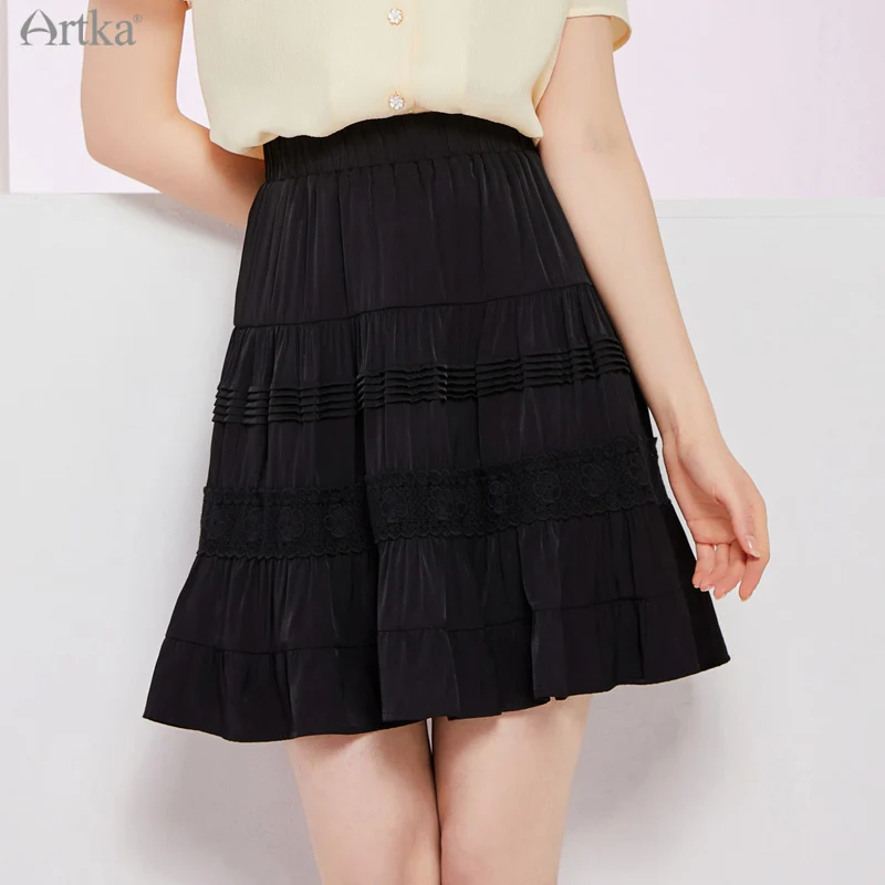 

ARTKA 2021 Summer New Women Skirt Elegant Chiffon Black Pleated Skirts Elastic High Waist A-Line Lace Midi Skirts QA25017X