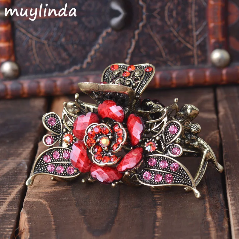 Vintage Hair Jewelry Antique Metal Flower Hair Claws Rhinestones Hair Clip For Women Girls