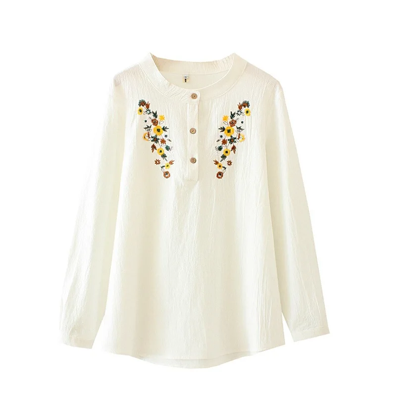 Autumn Women Shirts Ladies Chest Embroidery Tops Female Long Sleeve Blouses COTTON&LINEN Loose Plus Size Clothing F32 F195