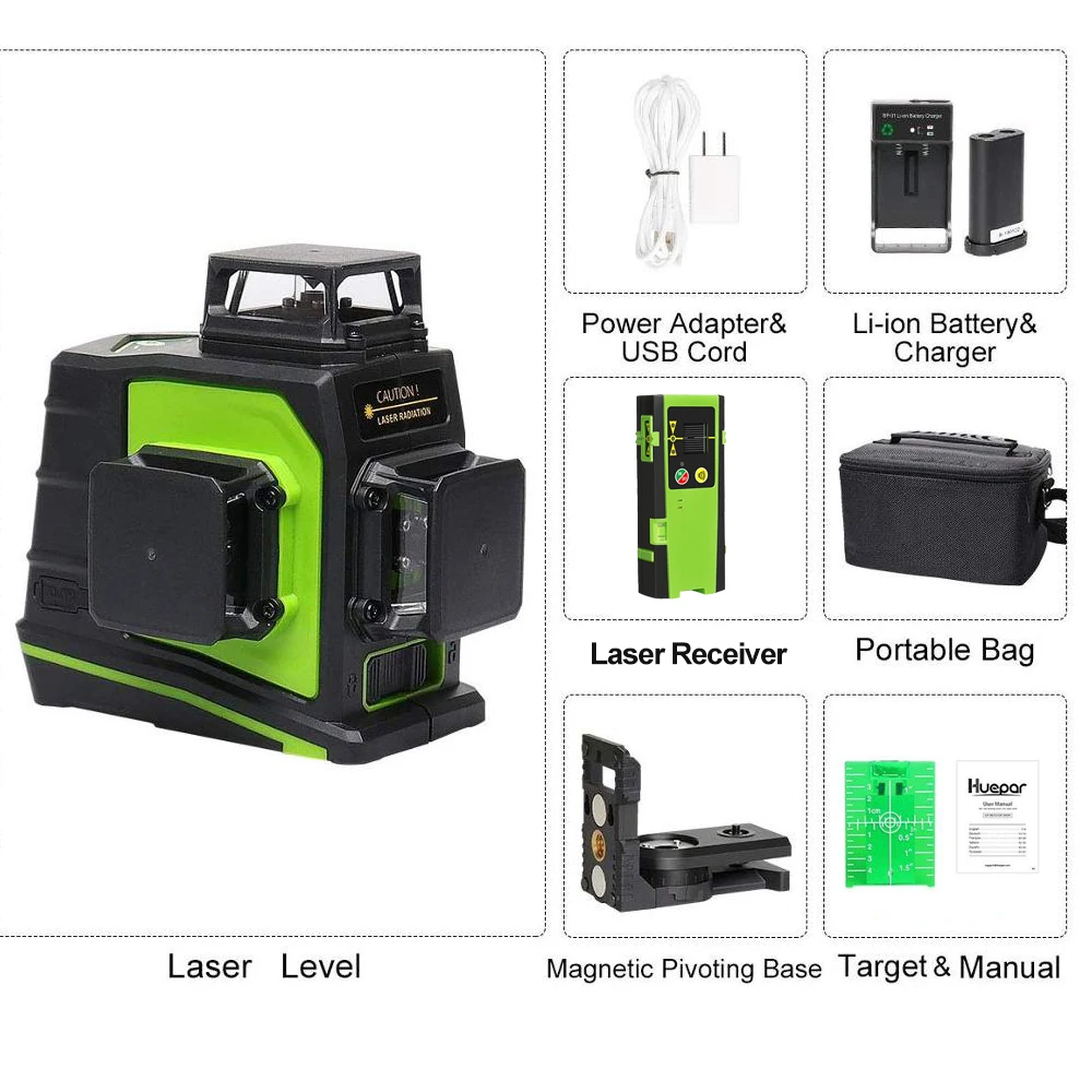 Huepar 3D Cross Line Laser Level 360 Self-leveling 12 Lines Green Beam Measure Tools Includes LR-6RG Digital LCD Laser Receiver