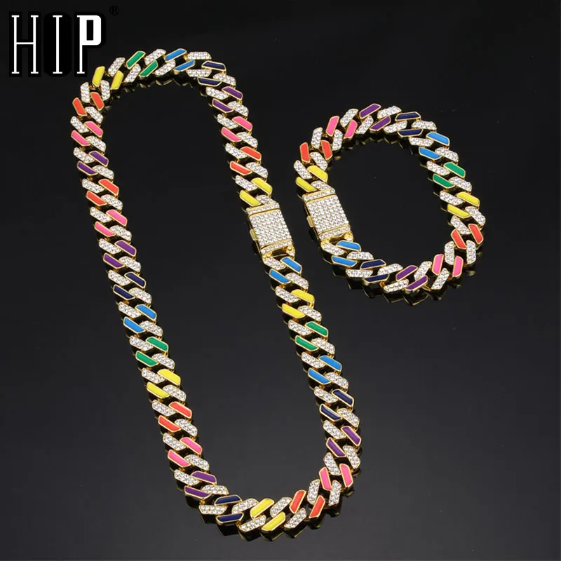 Hip Hop 12MM Colorful Iced Out Dripping Oil Cuban Prong Chain Paved Rhinestones CZ Bling Rapper Necklaces For Men Women Jewelry