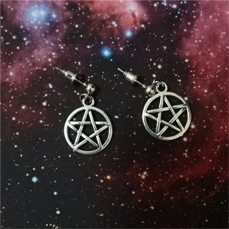 Antique Silver Color Pentagram Charms on Antique Silver Color Ball Post Stud Earrings Pentagram Earrings