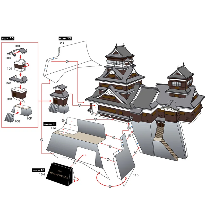 Japan Kumamoto Castle Mini 3D Papier Model Huis Papercraft Diy Art Origami Building Tieners Adult Handgemaakte Ambachtelijke Speelgoed QD-178