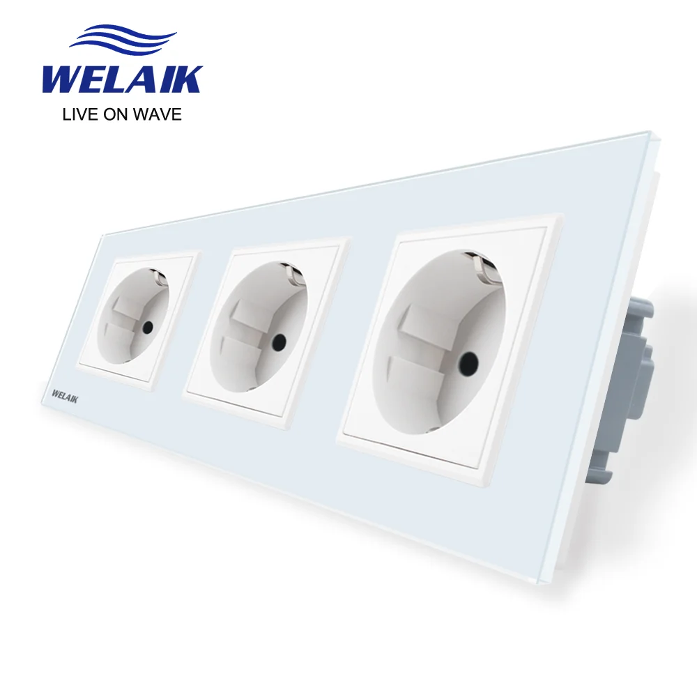 WELAIK 3Frame EU Wall Socket 220V 16A Russia Germany European Standard  Tempered Glass Panel Safety Wall Power Socket  A38E8E8EW