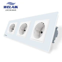 WELAIK 3Frame EU Wall Socket 220V 16A Russia Germany European Standard Tempered Glass Panel Safety Wall Power Socket A38E8E8EW