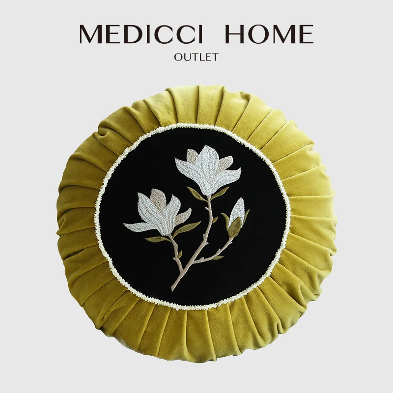 

Medicci Home Floral Velvet Cushion Cover French Style Retro Round Velvet Garland Embroidered Pillow Case Living Room Sofa Bed