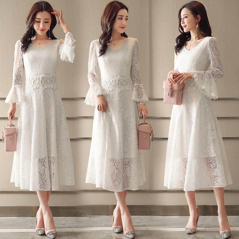 

Women Wedding Dress Elegant Petal Sleeve Hollow Out Lace Dresses Ladies A-Line Party Lace Dress Pullovers