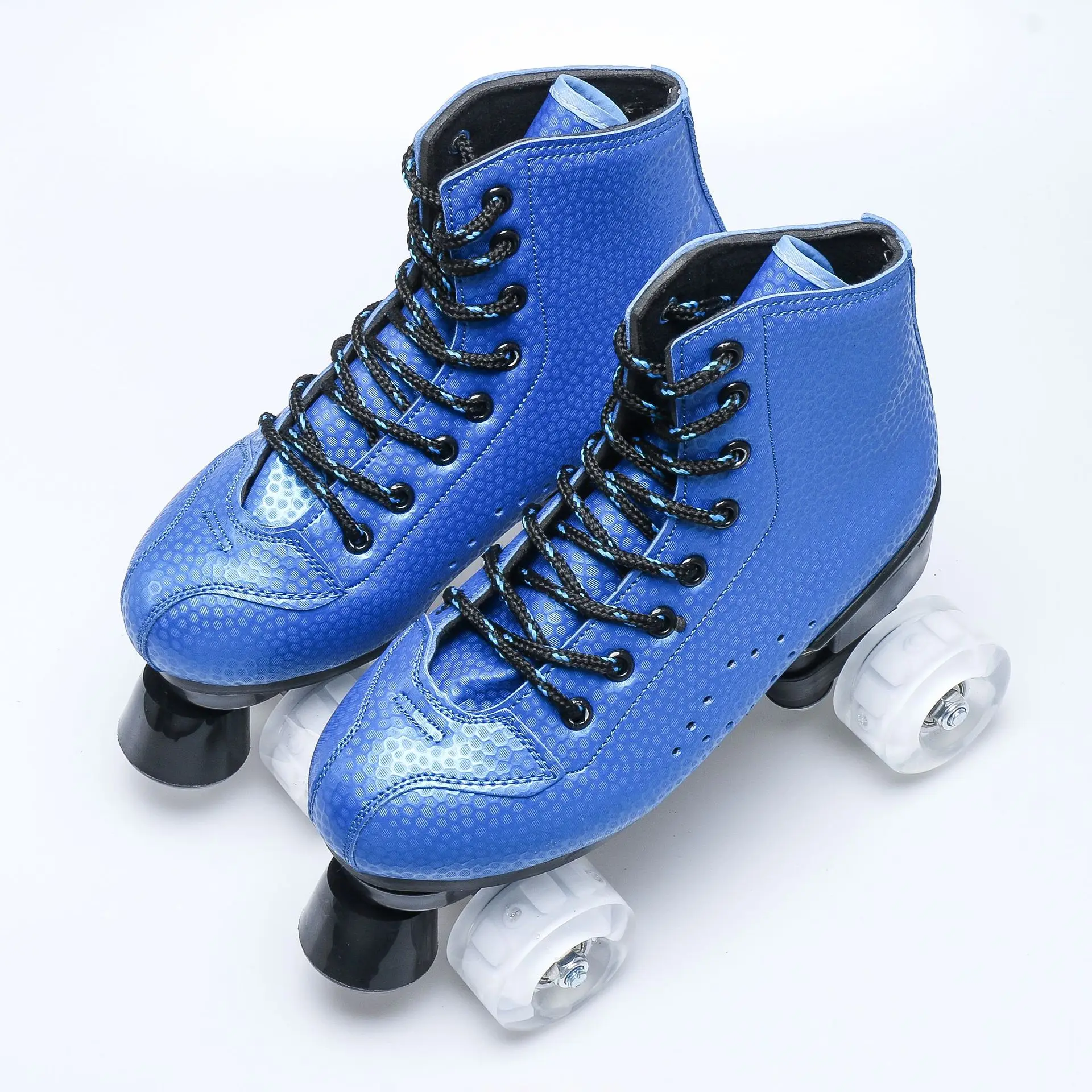 

Factory Sale Double Row Blue Lether Roller Skates With PU Flash Wheel Man Woman Patines Outdoor Sports Shoes Size 32-45