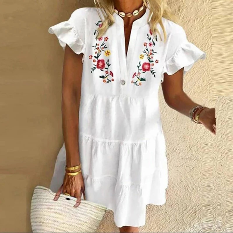 Casual Mini Dress Woman V Neck Summer Dress 2023 Vintage Print Patchwork Loose Beach Dress Ladies Party Dresses