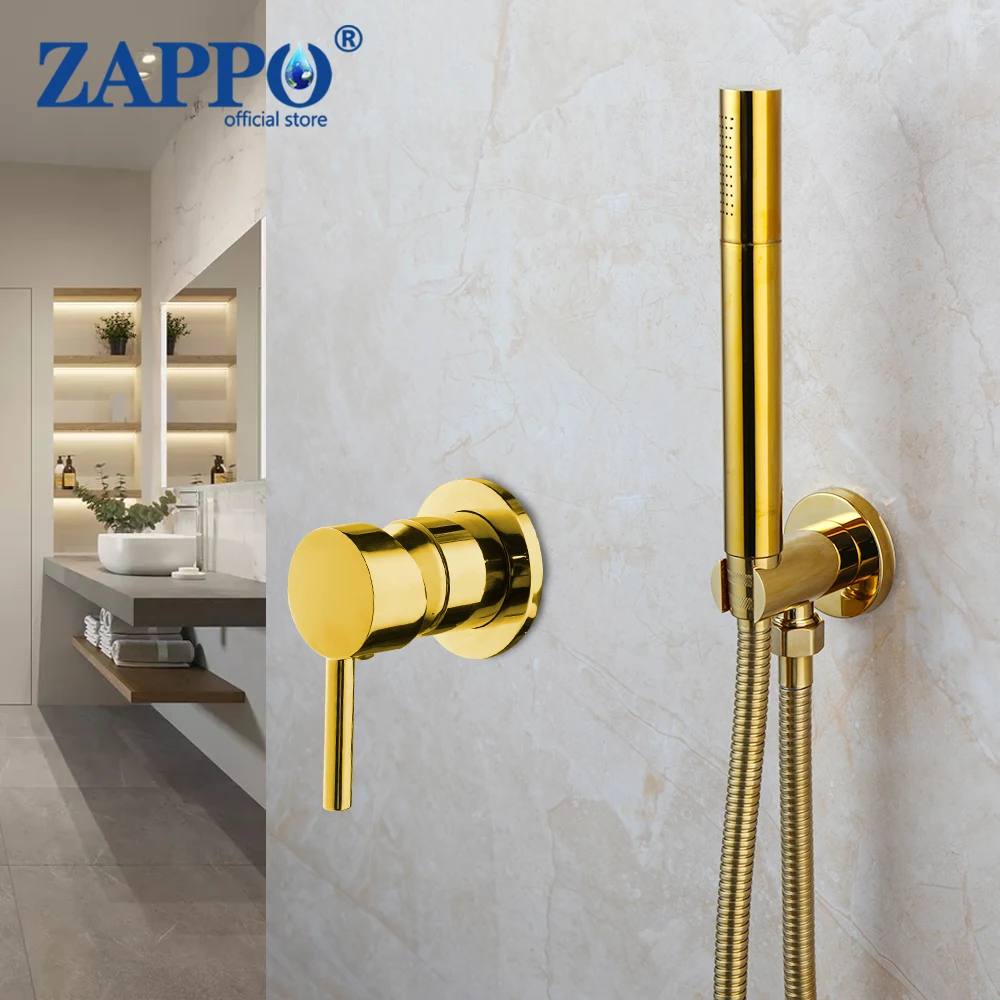 ZAPPO Luxury Golden Polished Bathroom Hot and Cold Mixer Bath Wall Mounted Hand Held Shower Head Kit Shower Faucet Sets