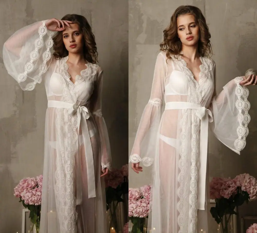 Women Sexy Bathgown Lace Illusion Bridal Bathrope Wedding Prom Party Bathrobes  Pyjams Robes Women Pajama