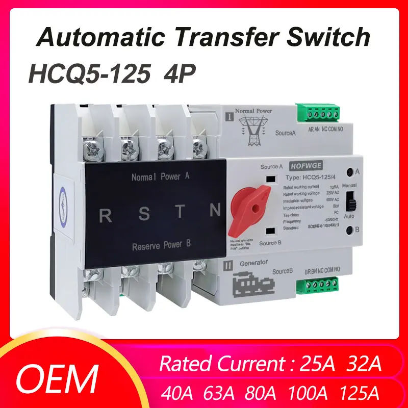 

Single Phase Din Rail ATS 220V Dual Power Automatic Transfer Electrical Selector Switches Uninterrupted 2P 63A 100A 125A