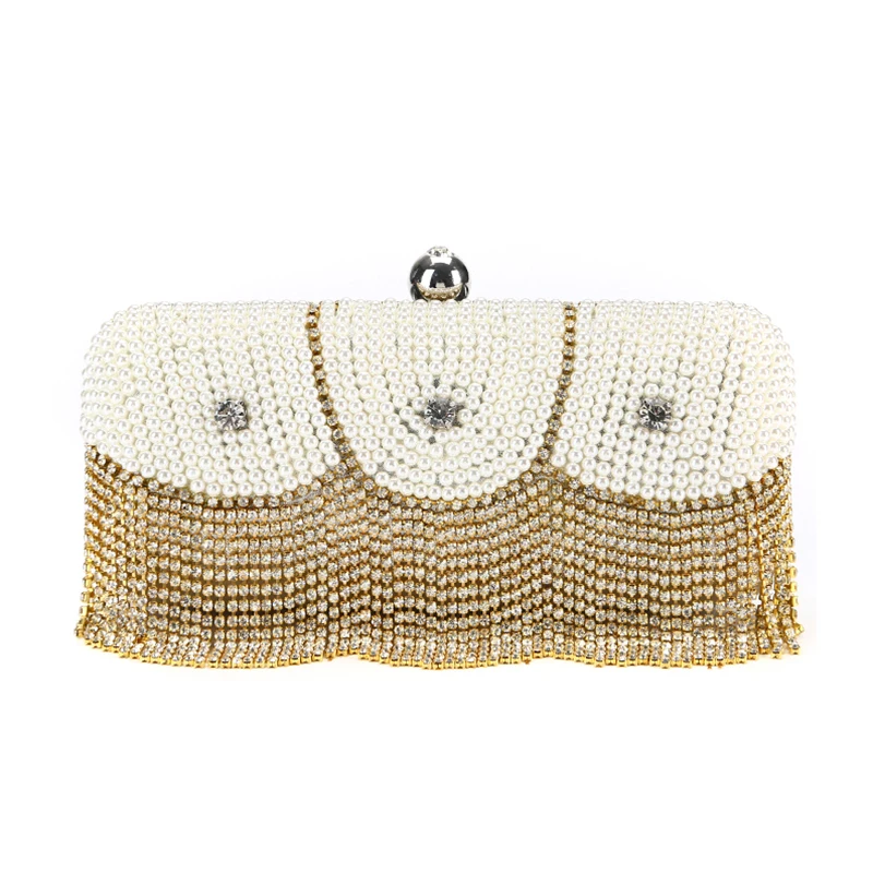 LuxEcho White Pearl Golden Crystal Handbags One single Chain shoulder bags Party Day Clucthes