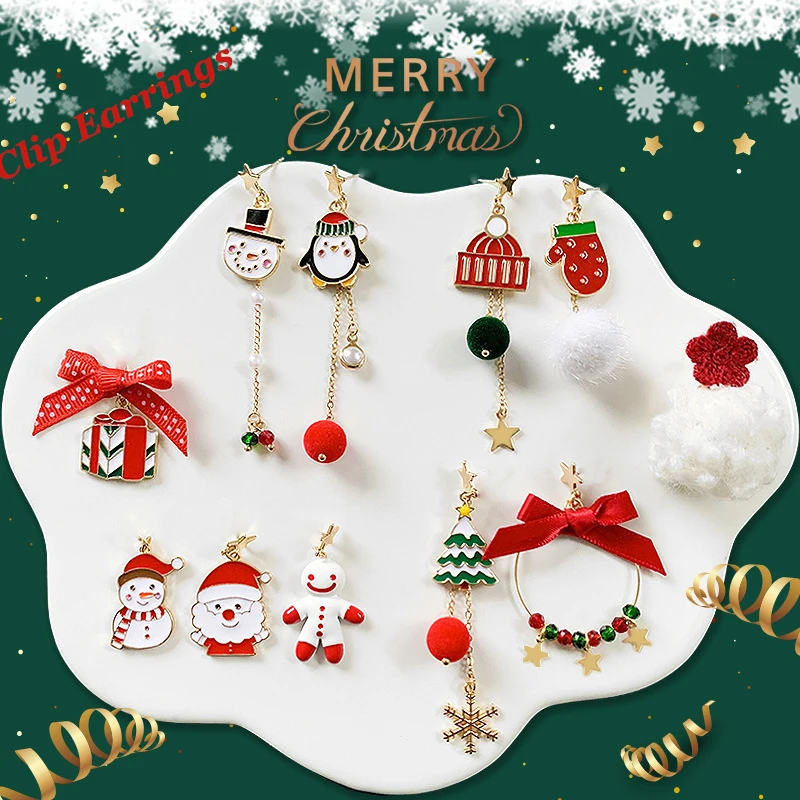 Fashion Asymmetry Christmas Clip Earrings Santa Claus Snowman Earrings Non Pierced Ear Clips Female Child Christmas Gift Jewelry